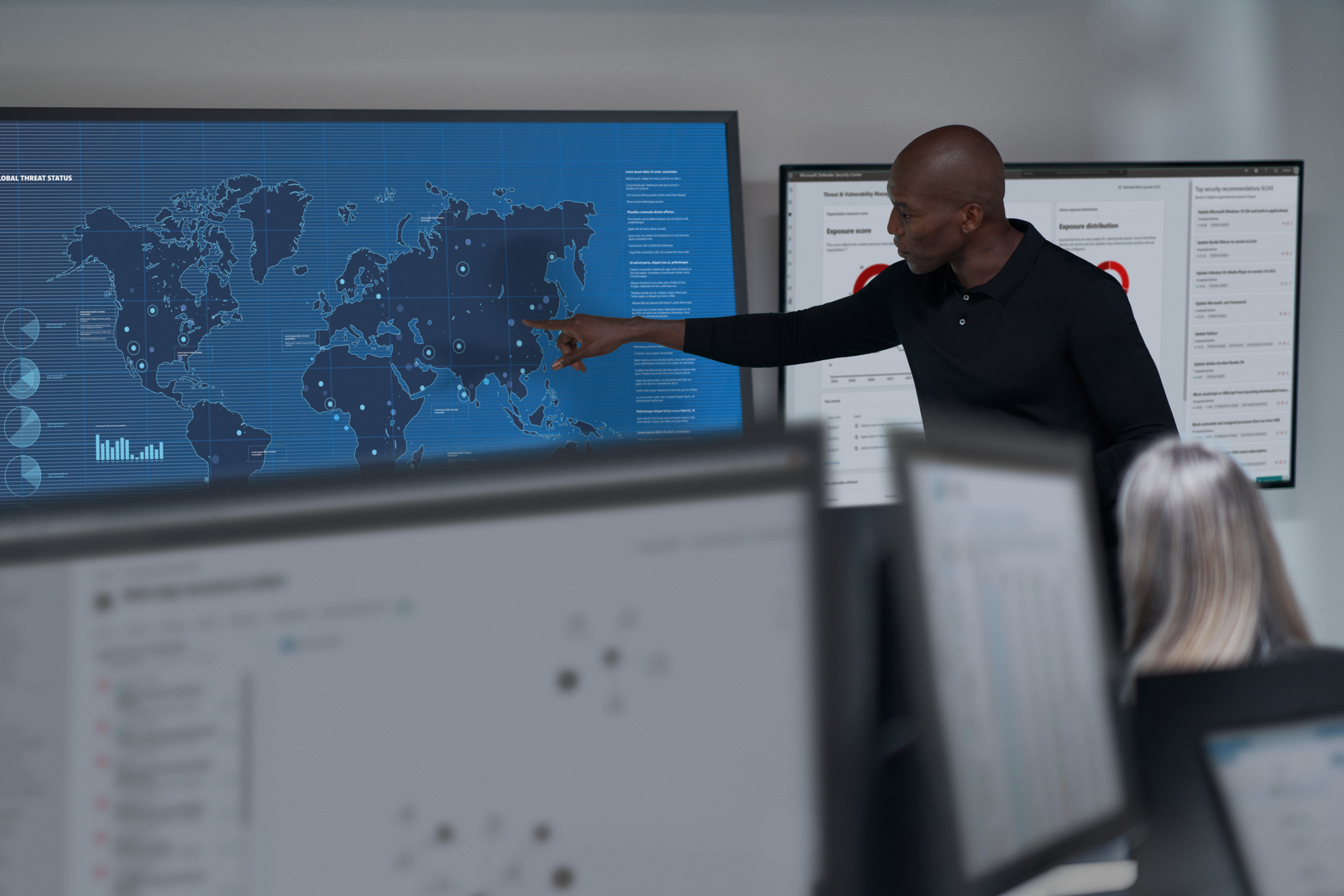 CISO (chief information security officer) collaborating in a security operations center. 